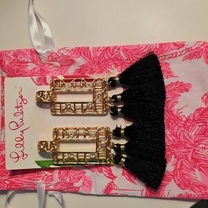 Lilly Pulitzer Gold Rectangular Earrings with Black Tassels